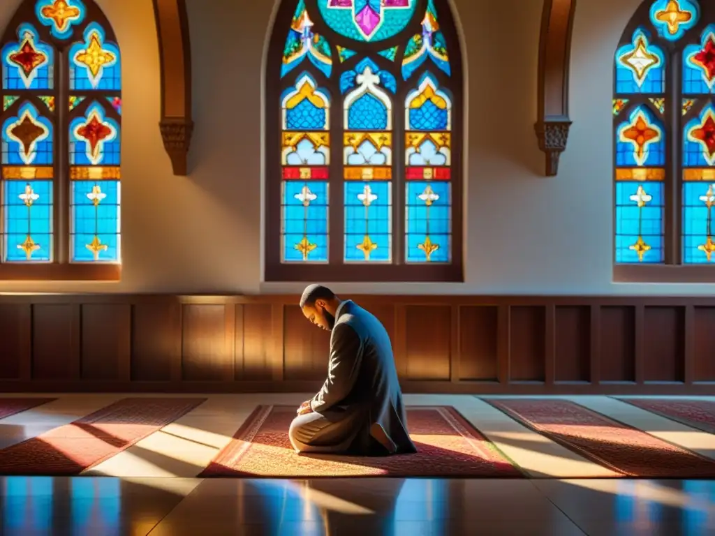 Un momento de oración musulmana en una iglesia católica, reflejando la convivencia pacífica entre diferentes religiones