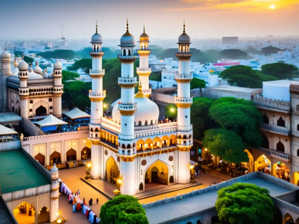 Monumento Charminar en Hyderabad iluminado por el cálido atardecer, destacando el arte Qutb Shahi