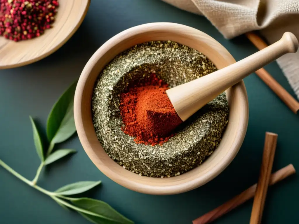 Un mortero de madera lleno de coloridas especias za'atar y sumac árabe, resaltando sus texturas y colores