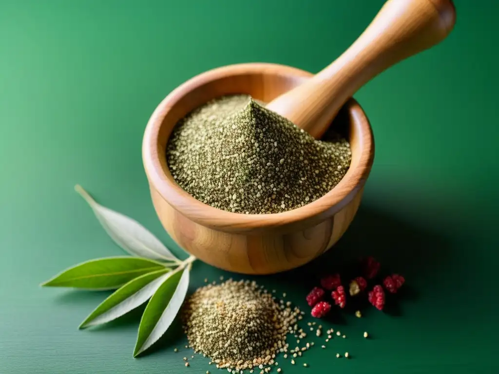 Un mortero de madera lleno de mezcla de especias za'atar verde, con sumac y semillas de sésamo