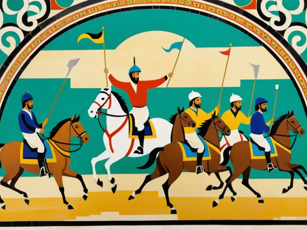 Mosaico antiguo mostrando un vibrante juego de polo a caballo en un gran estadio, con espectadores vestidos con túnicas coloridas animando desde las gradas