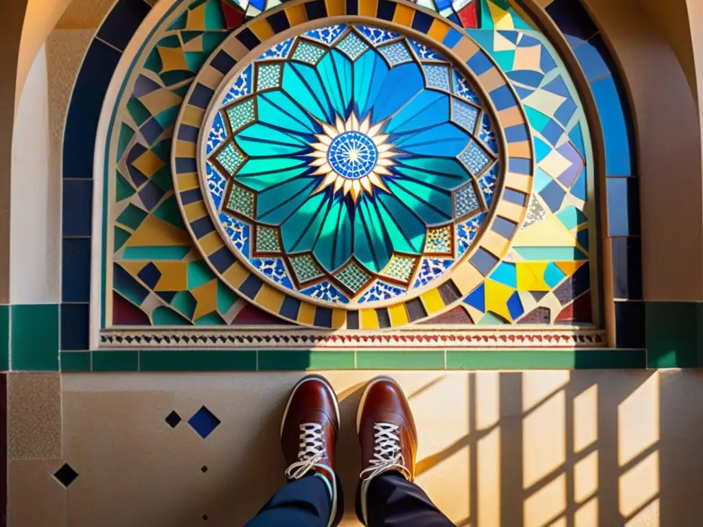 Un mosaico islámico detallado con colores vibrantes y patrones geométricos, iluminado por luz a través de una vidriera