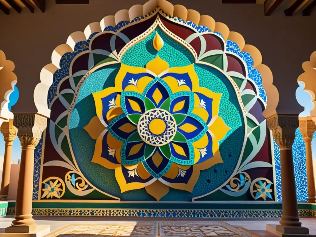 Un mosaico islámico detallado y colorido en un patio tradicional, mostrando la integración del arte islámico en espacios cotidianos