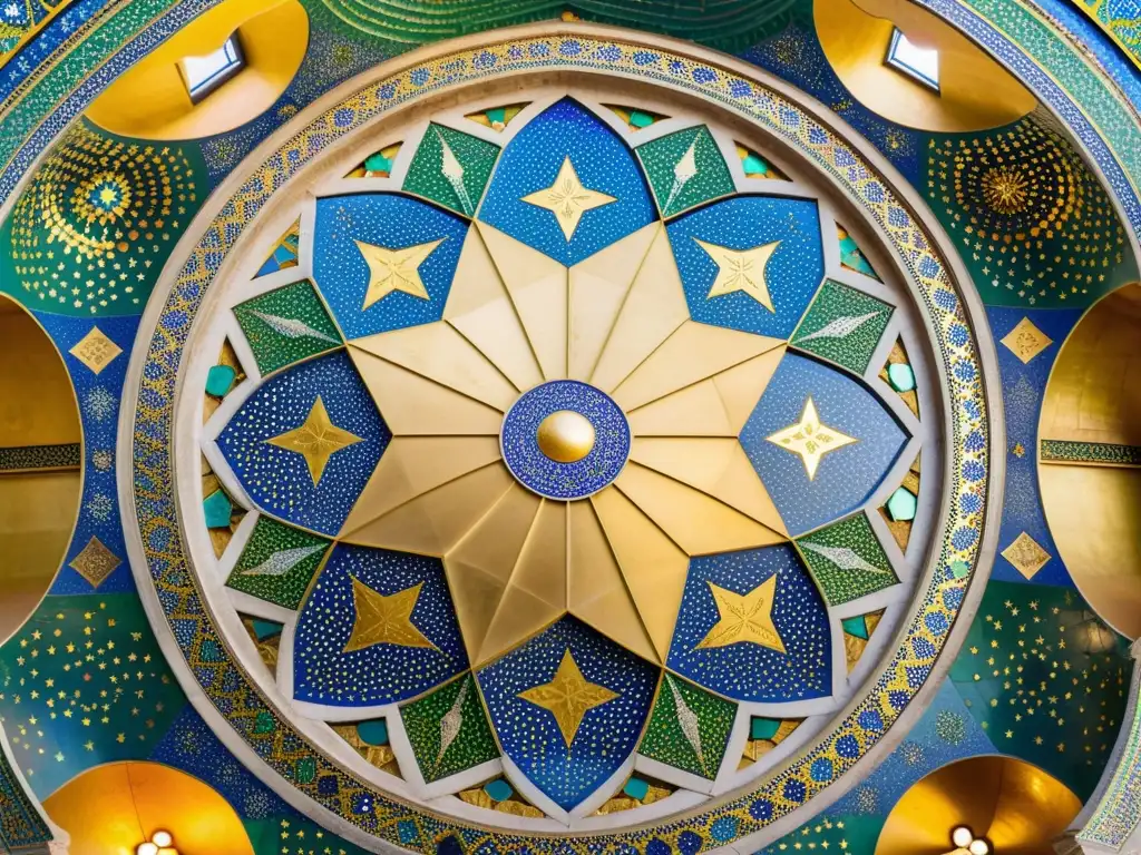 Un mosaico islámico intrincado adorna el interior de la impresionante Cúpula de la Roca en Jerusalén, manifestaciones artísticas en el Islam