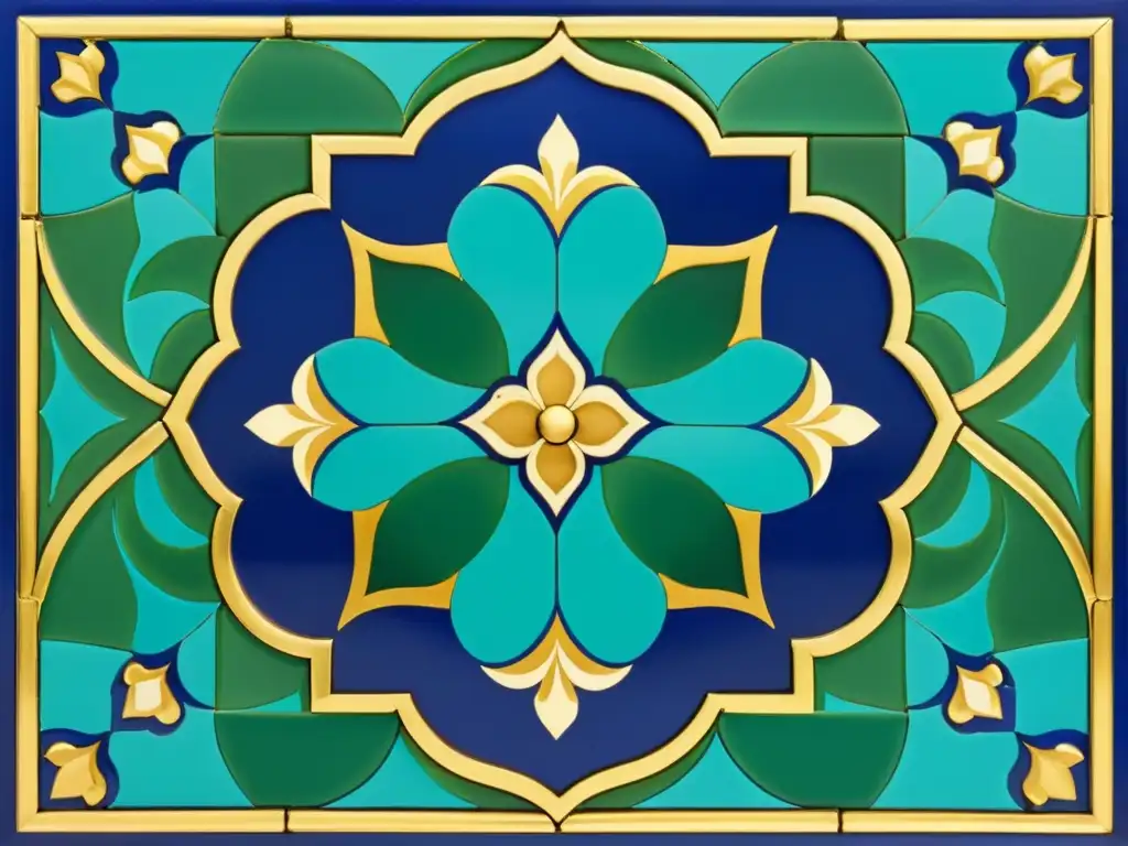 Un mosaico persa deslumbrante con diseños florales y geométricos en tonos de azul cobalto, turquesa y verde esmeralda