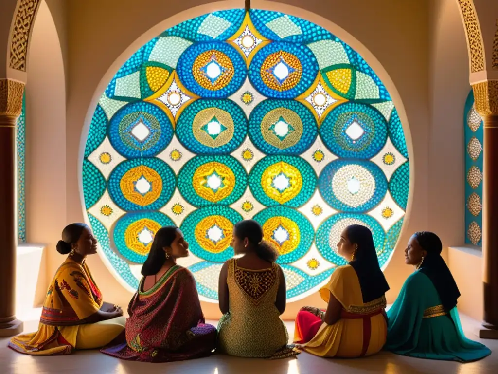 Un mosaico vibrante muestra mujeres islámicas en círculo, compartiendo historias, envueltas en velos