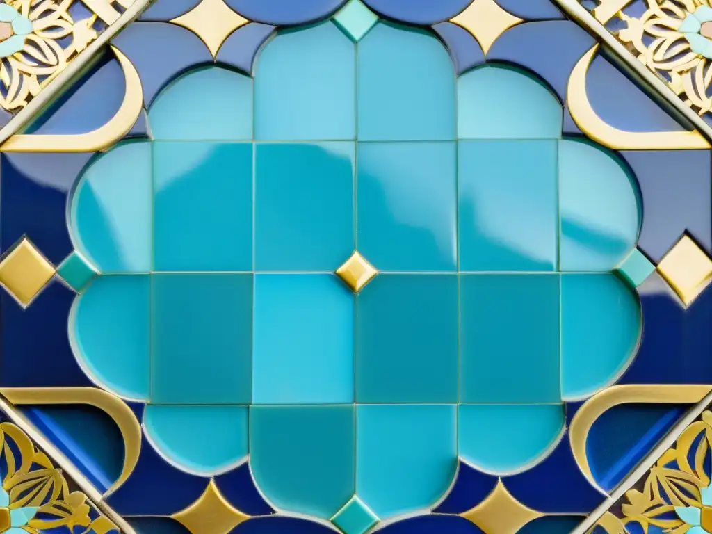 Mosaicos en mezquitas islámicas: Intrincado diseño geométrico en tonos de azul, turquesa y oro, reflejando maestría artística y belleza