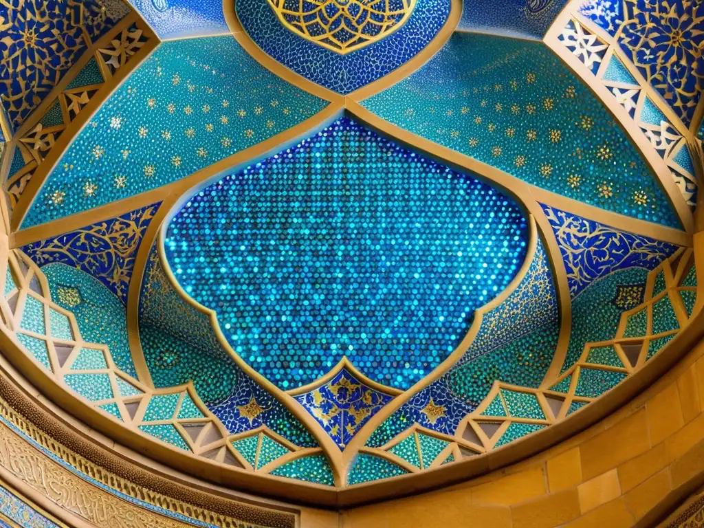 Mosaicos en mezquitas islámicas: Intrincados diseños de azulejos en la mezquita Sheikh Lotfollah, Isfahán, Irán, con tonos vibrantes y luz etérea