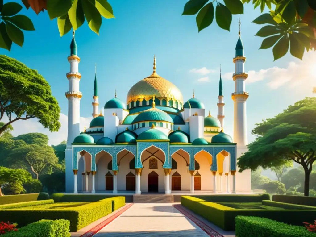 Un mosque tradicional en un paisaje exuberante del Sudeste Asiático, reflejando la influencia cultural del Corán en la región