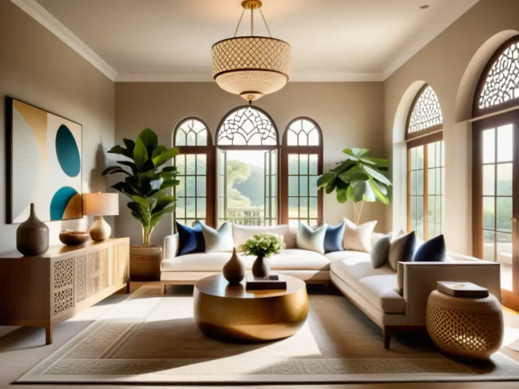 Salón elegante con influencias islámicas Decoración con motivos islámicos sutiles en elegante sala de estar con paleta de colores neutros y detalles ornamentales exquisitos