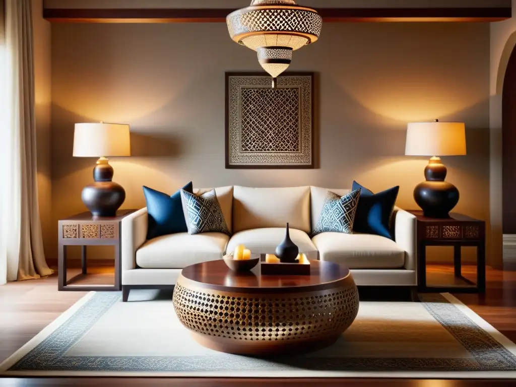Salón elegante con motivos islámicos Decoración con motivos islámicos sutiles en elegante sala de estar, con cojines y mesa de café decorados, y una hermosa alfombra