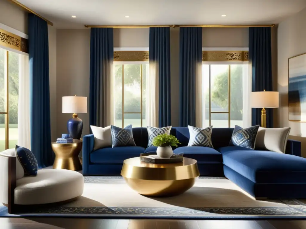 Salón elegante con toques islámicos Decoración con motivos islámicos sutiles en una elegante sala de estar con toques de oro y azul profundo, creando sofisticación y calidez