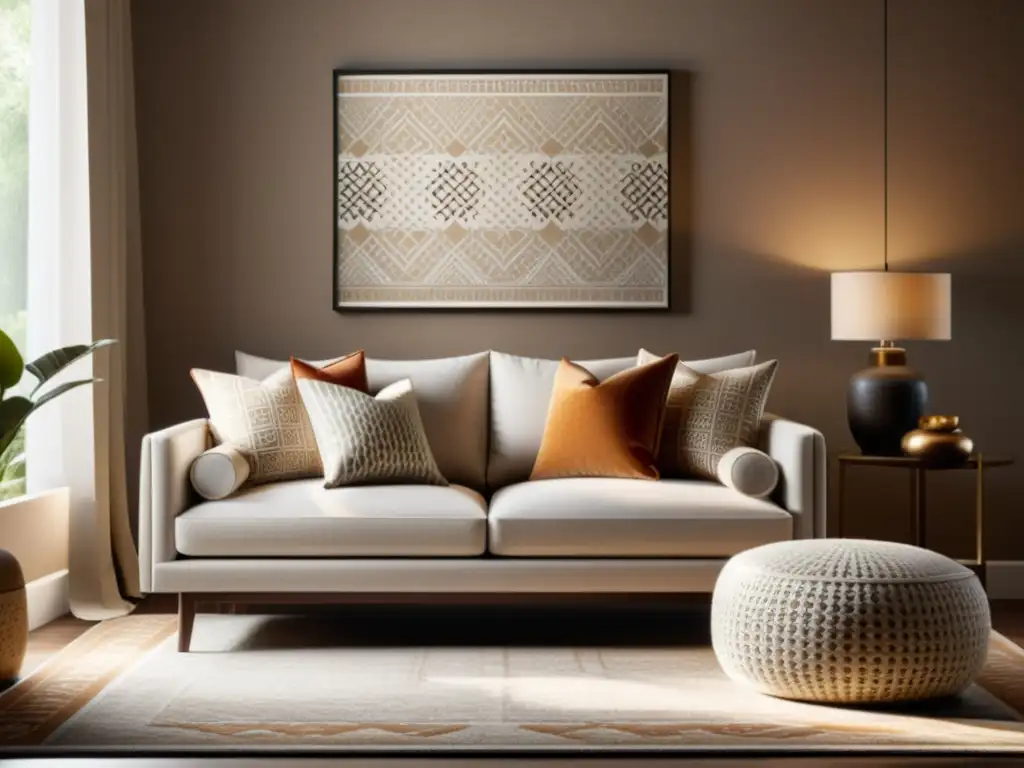 Sala de estar moderna con influencias islámicas sofisticadas Decoración con motivos islámicos sutiles en moderno salón con tonos cálidos y patrones geométricos en cojines, tapete y arte de pared