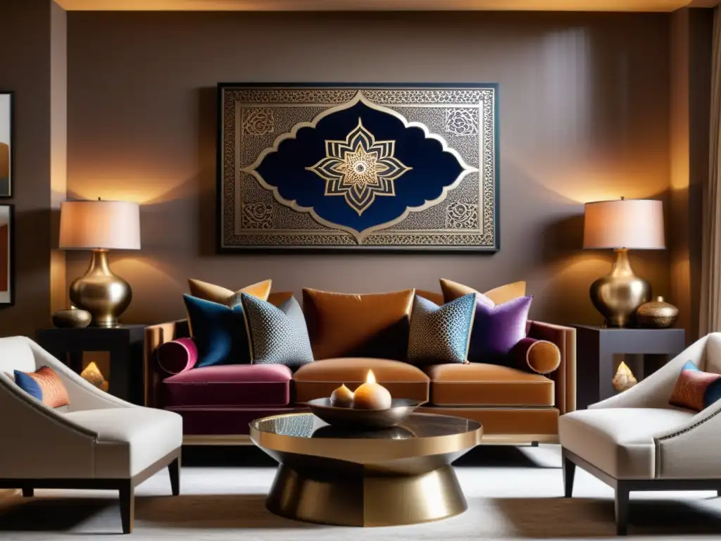 Salón elegante con motivos islámicos Decoración con motivos islámicos sutiles en una sala elegante y culturalmente sofisticada