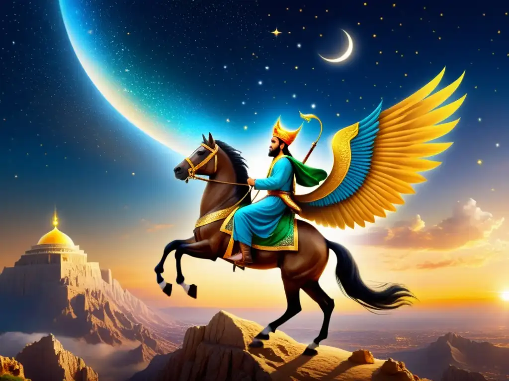 Prophet Muhammad en el Buraq, viaje celestial Isra y Mi'raj Islam, ilustración impactante de ascenso a los cielos