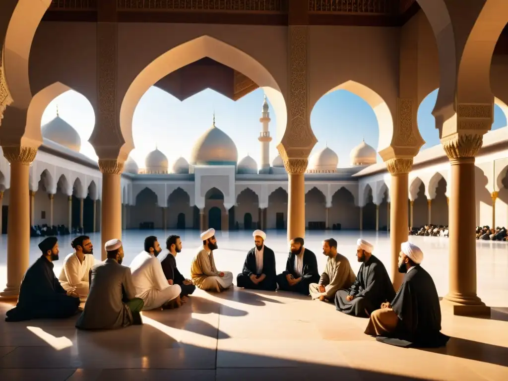 Prophet Muhammad y seguidores discuten el desarrollo de la shari'a islámica en un bello patio con arquitectura islámica, bañados por una luz dorada