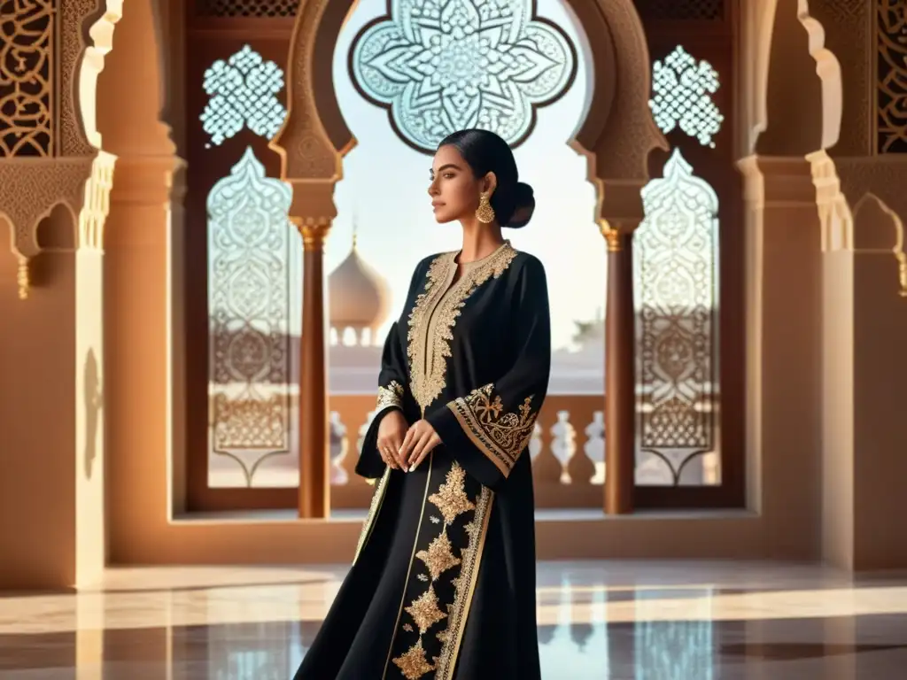 Una mujer con abaya bordada admira arquitectura árabe, irradiando elegancia y empoderamiento