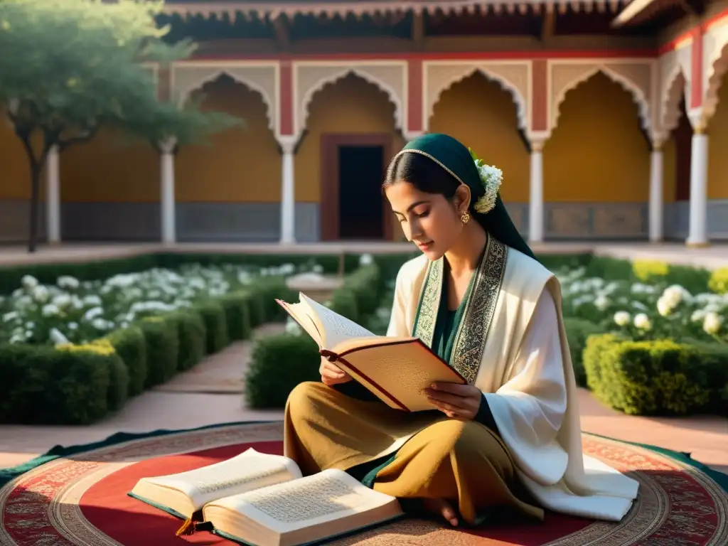 Una mujer en atuendo Sufi lee un antiguo manuscrito en un patio tranquilo y soleado, rodeada de flores