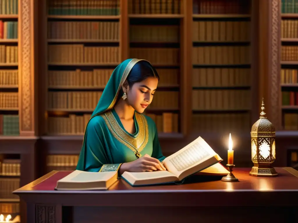 Una mujer en atuendo islámico lee un Quran en una biblioteca antigua, iluminada por una lámpara