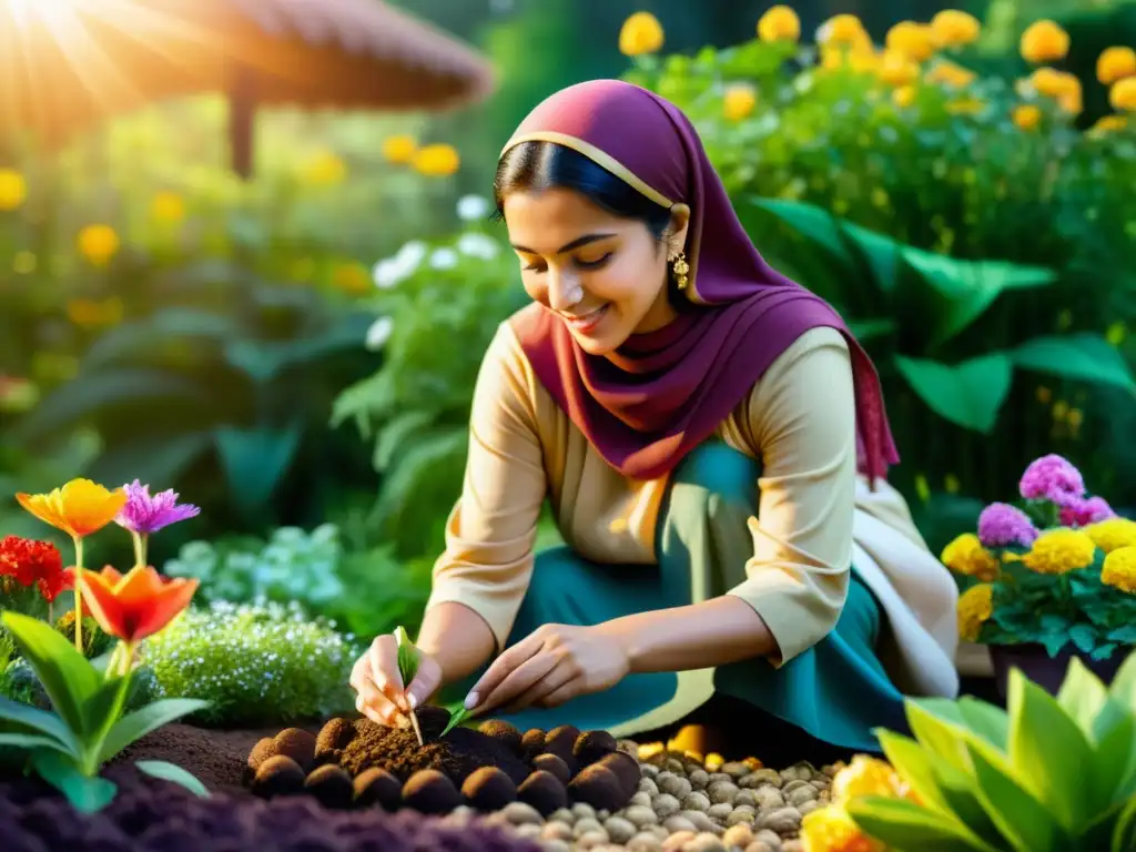 Una mujer en atuendo islámico planta semillas en un jardín botánico vibrante