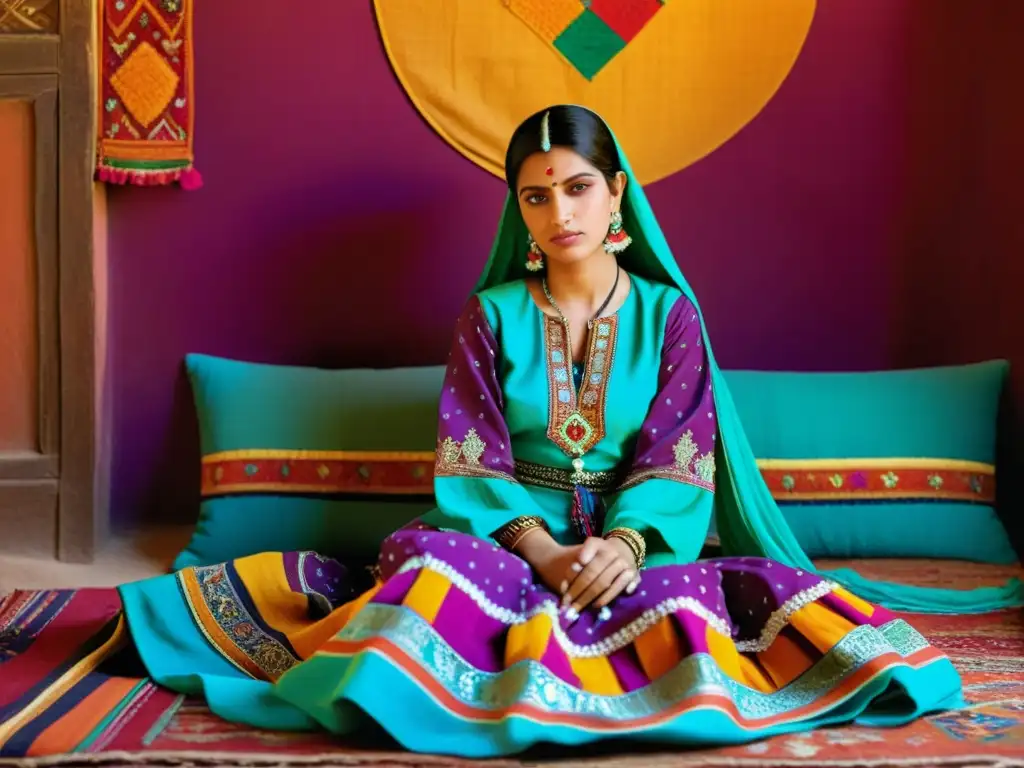 Una mujer Baluchi tradicional, vestida con ropa colorida y joyas tribales, representa la rica herencia cultural de los Baluchis en el sudeste de Irán