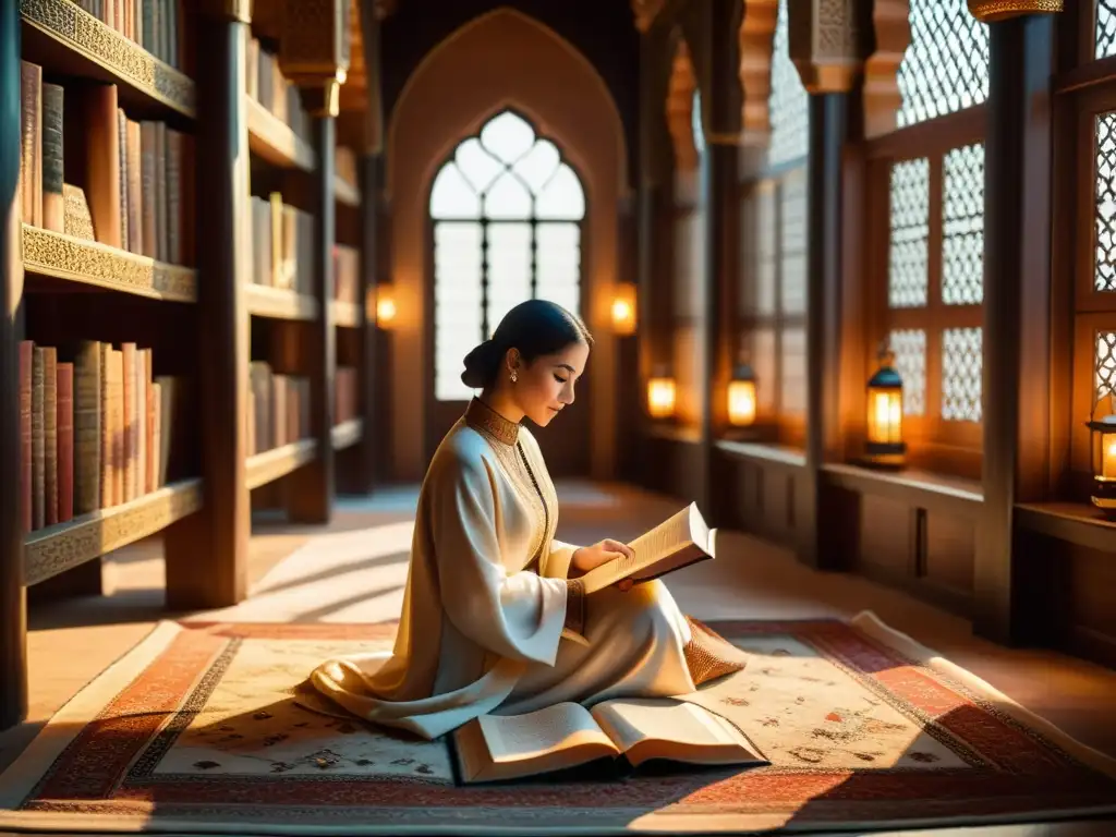 Una mujer lee concentrada en una biblioteca islámica