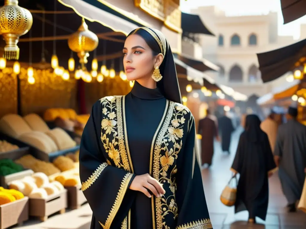 Una mujer viste una elegante abaya negra con bordados dorados, destacando su belleza en un mercado del Medio Oriente