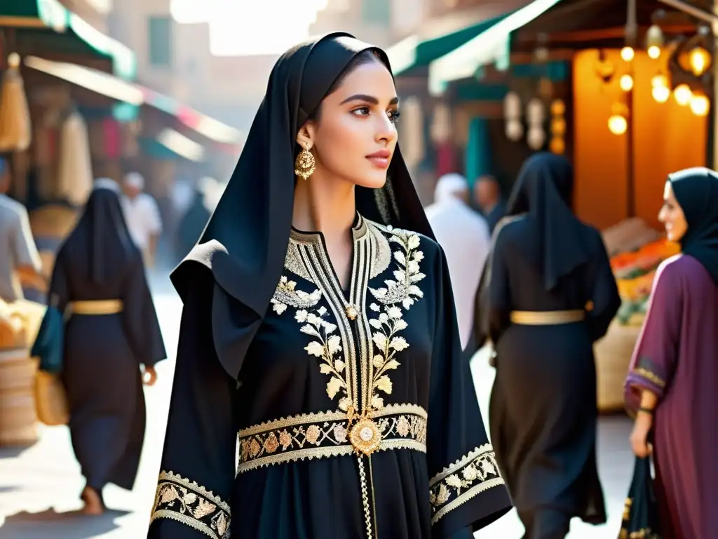 Una mujer elegante lleva una abaya negra adornada con bordados y abalorios mientras camina por un bullicioso zoco en Medio Oriente, ilustrando la evolución histórica de la Abaya islámica