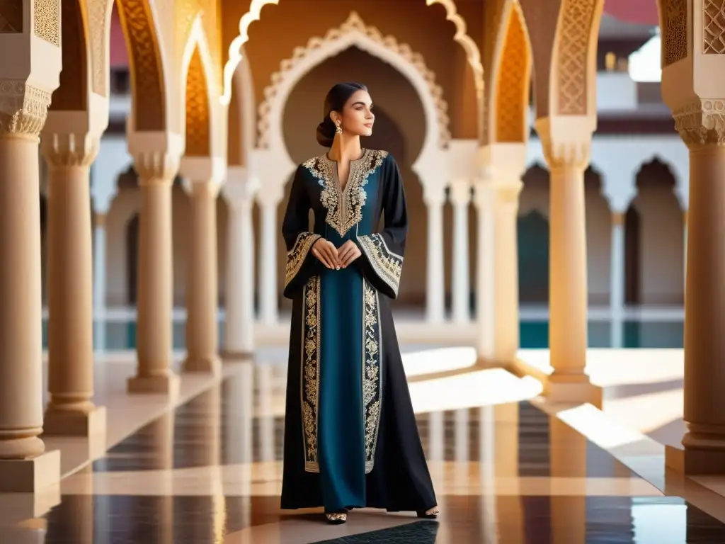 Una mujer elegante lleva un abaya bellamente bordado en un patio soleado con arcos y azulejos