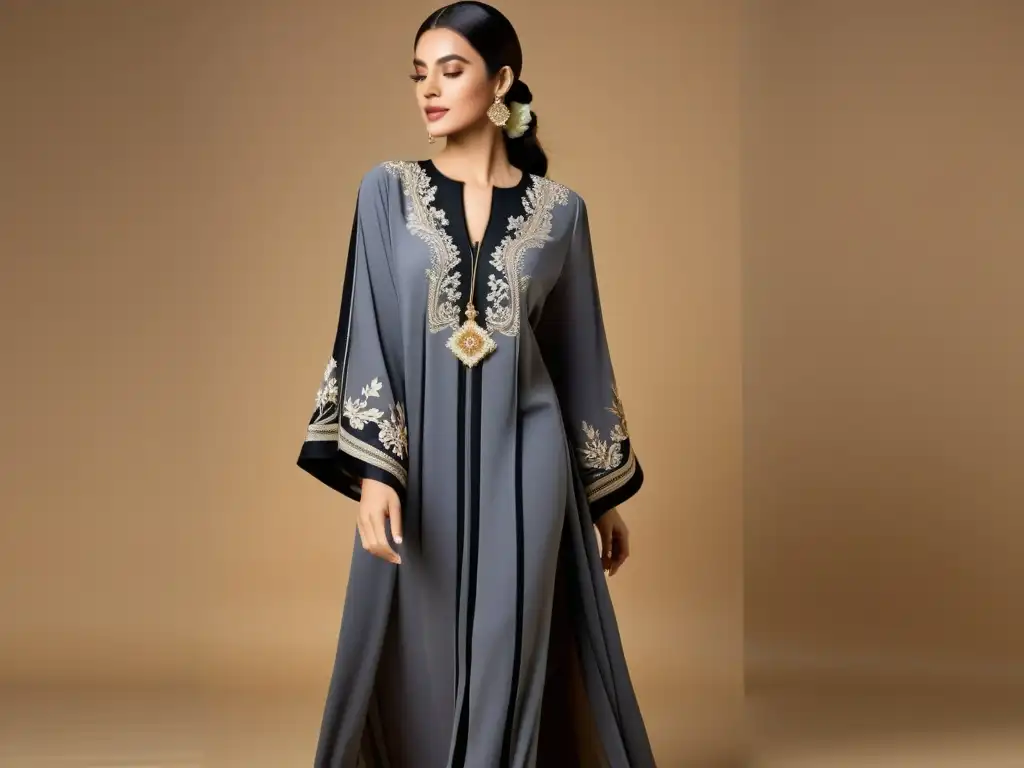 Una mujer elegante lleva una abaya bellamente diseñada en tonos suaves, con detalles de bordado