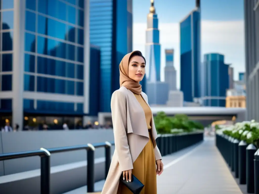 Una mujer elegante y sofisticada viste moda halal para el guardarropa, en una escena urbana moderna y vibrante