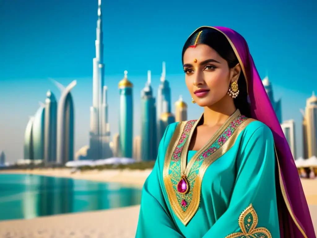 Una mujer emiratí viste un jalabiya tradicional, frente al moderno horizonte de Dubai