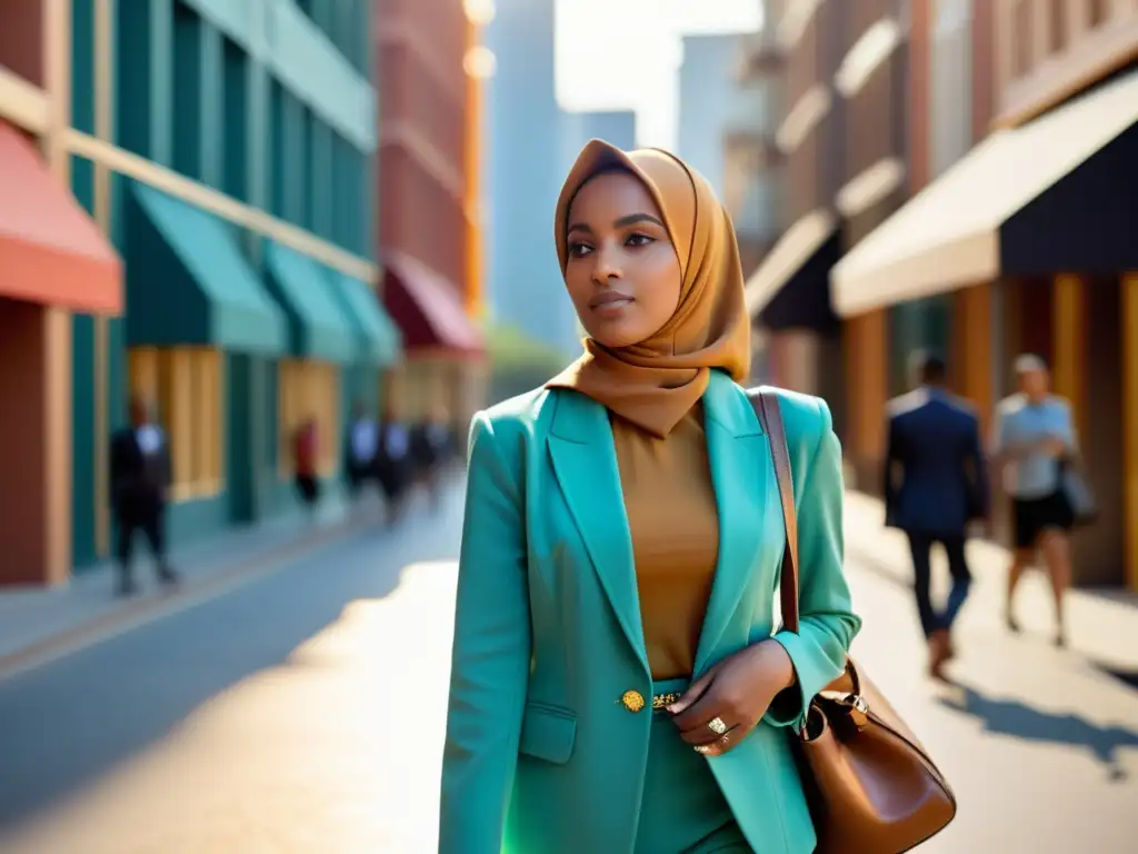 Una mujer con estilo, combinando moda occidental con prendas islámicas, camina confiada en la ciudad, reflejando elegancia y diversidad cultural