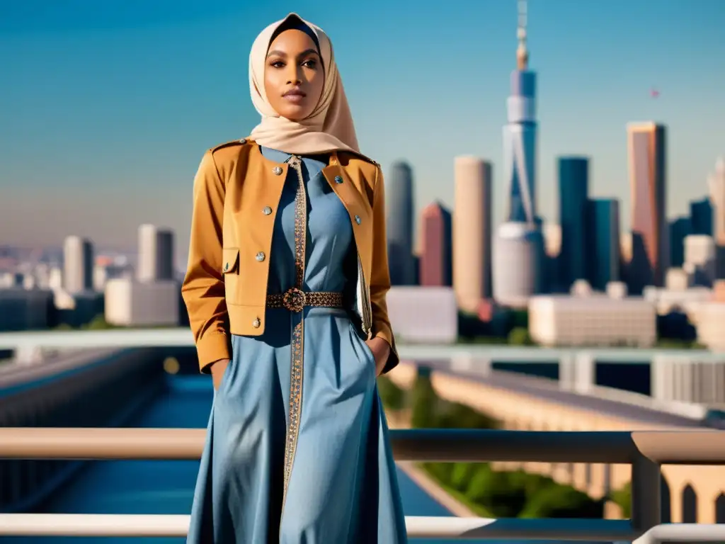 Una mujer con estilo combina moda occidental con prendas islámicas, mostrando confianza y elegancia en un entorno urbano moderno