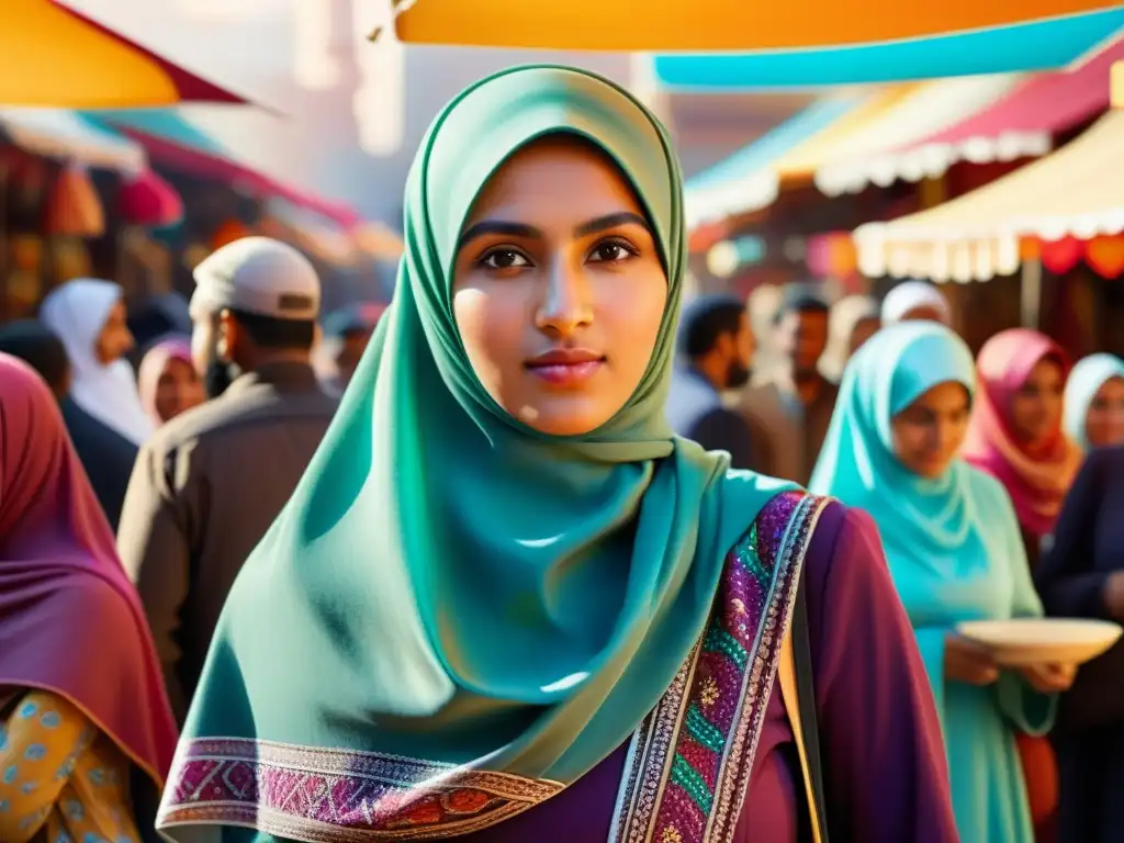 Una mujer con hijab en un bullicioso mercado, rodeada de colores y patrones vibrantes, con la luz del sol creando un cálido resplandor en la escena