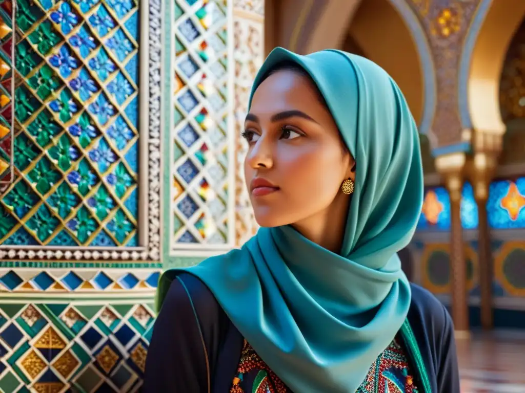 Una mujer con hijab contempla un detallado mosaico en una mezquita