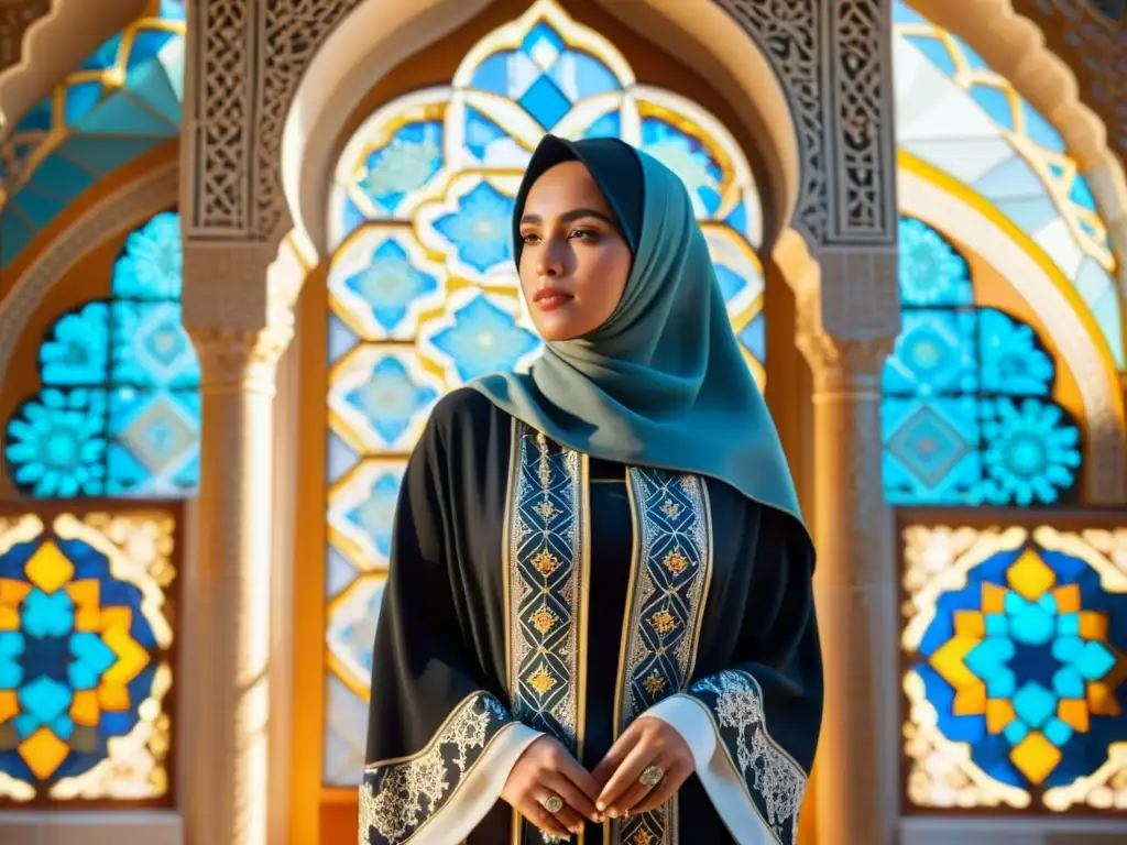 Una mujer con hijab y abaya frente a una hermosa pared de mosaico, simbolizando la vestimenta femenina en el Islam