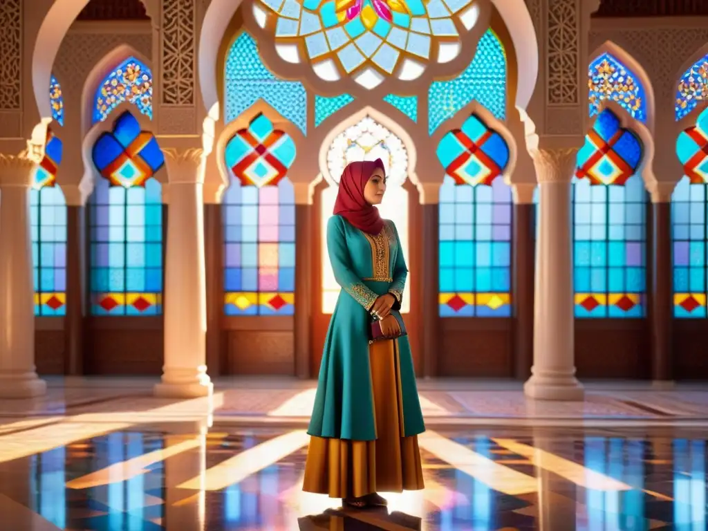 Mujer con hijab en mezquita, tocando instrumento musical