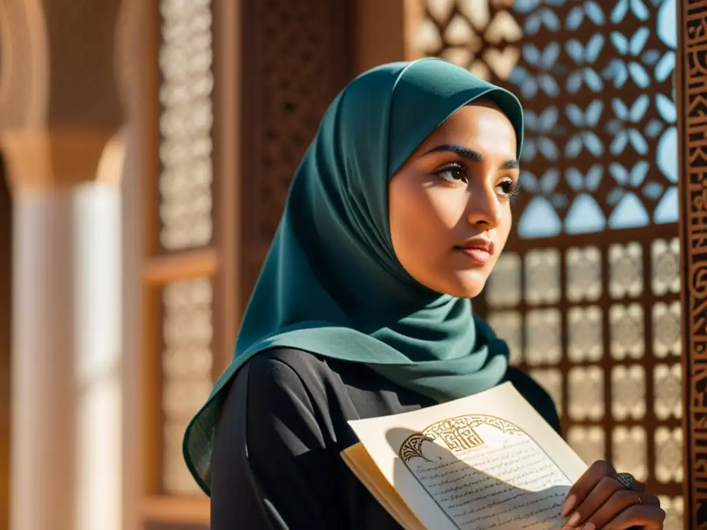 Una mujer con hijab, determinación en su rostro, rodeada de caligrafía árabe y patrones geométricos islámicos