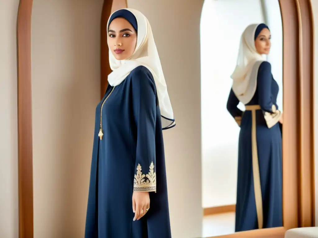 Una mujer ajusta su hijab y abaya en un vestidor moderno y elegante