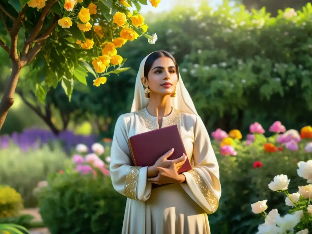 Una mujer árabe moderna recita poesía en un exuberante jardín, reflejando el papel de la poesía modernista árabe en la sociedad