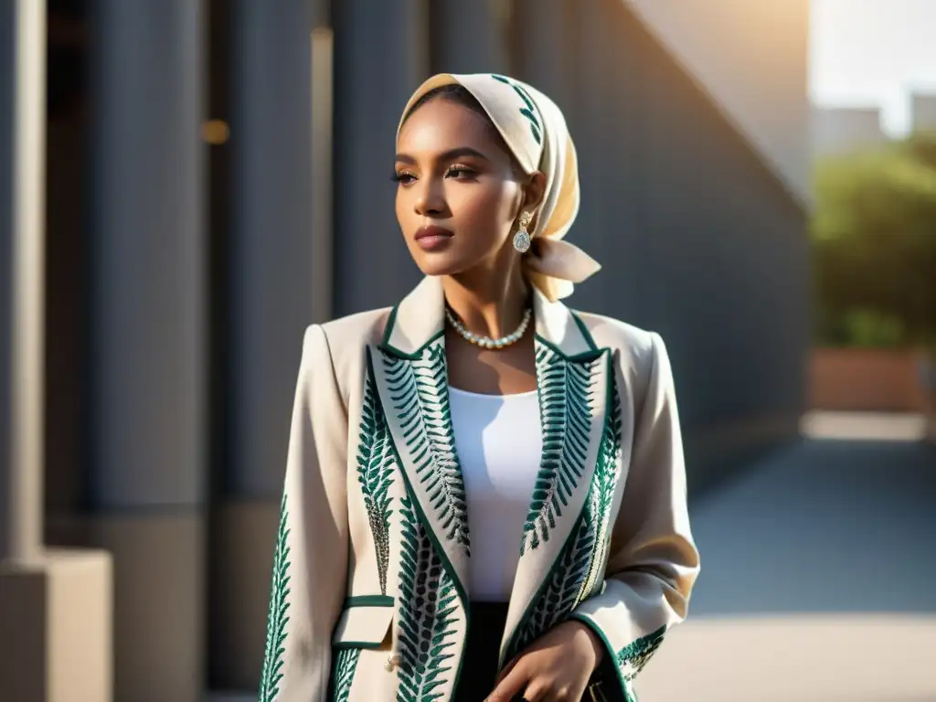 Una mujer con blazer moderno y hijab vibrante, fusionando moda occidental con prendas islámicas en una calle urbana