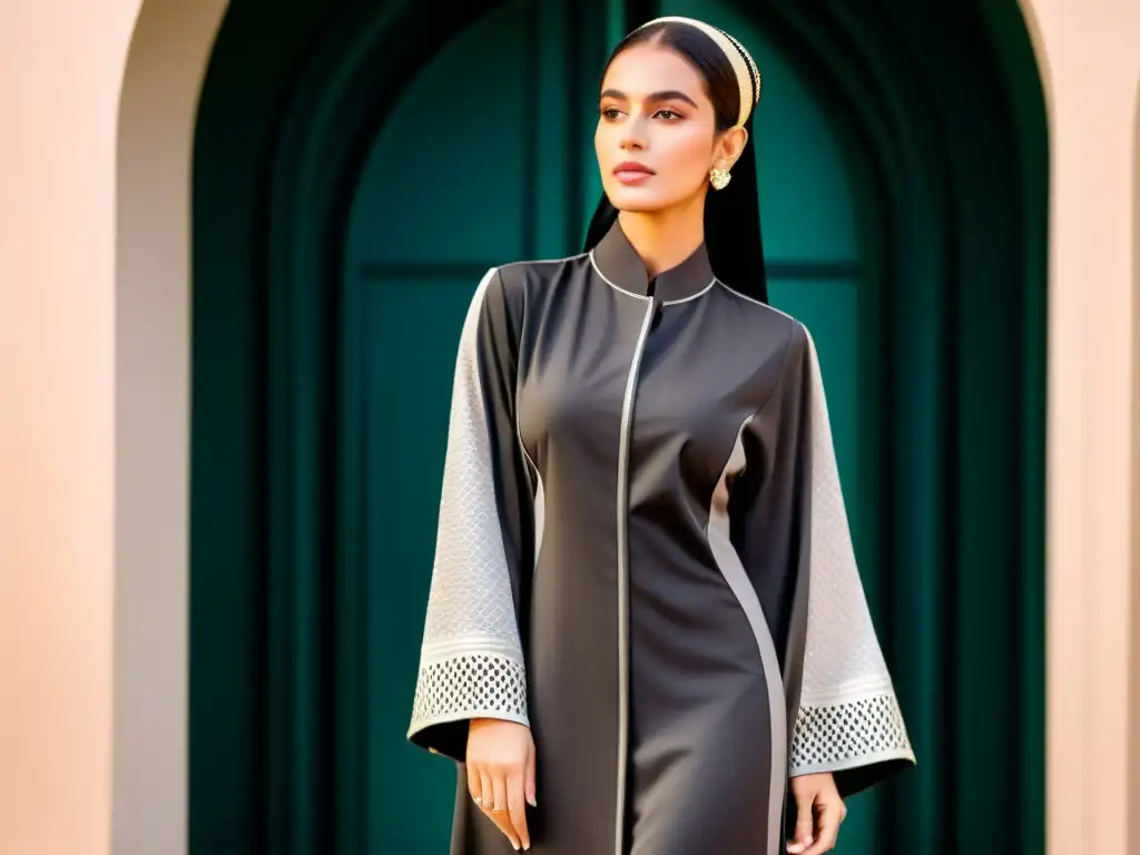 Una mujer musulmana viste una abaya moderna de materiales halal para ropa islámica, exudando elegancia en un entorno urbano vibrante