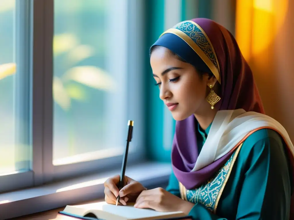 Mujer musulmana contemplativa con hijab vibrante, escribiendo poesía en un entorno lleno de arte islámico