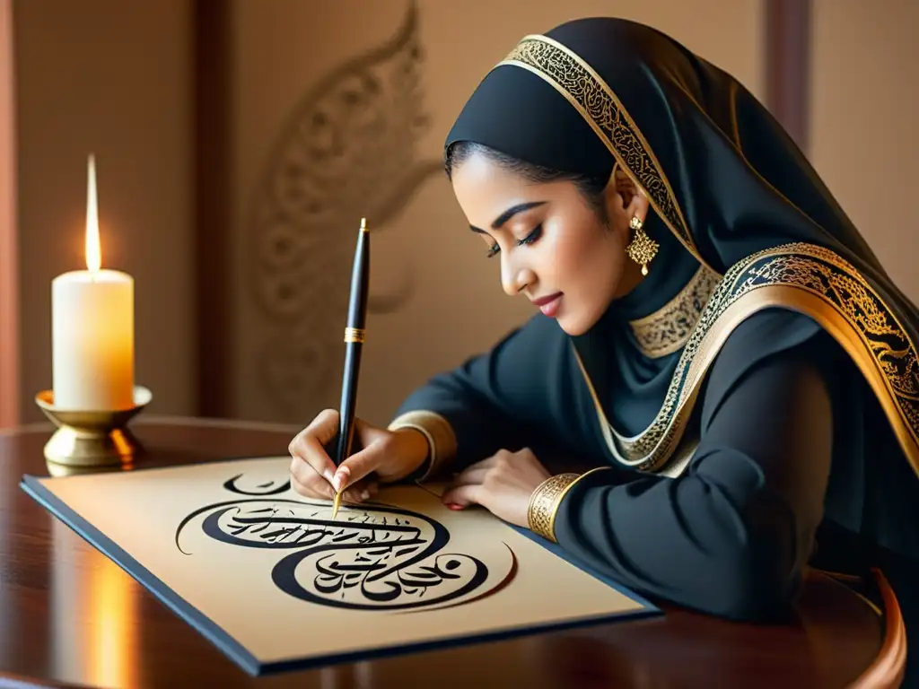 Una mujer musulmana contemporánea practica la caligrafía islámica con un qalam y tinta, destacando la importancia de la caligrafía islámica femenina