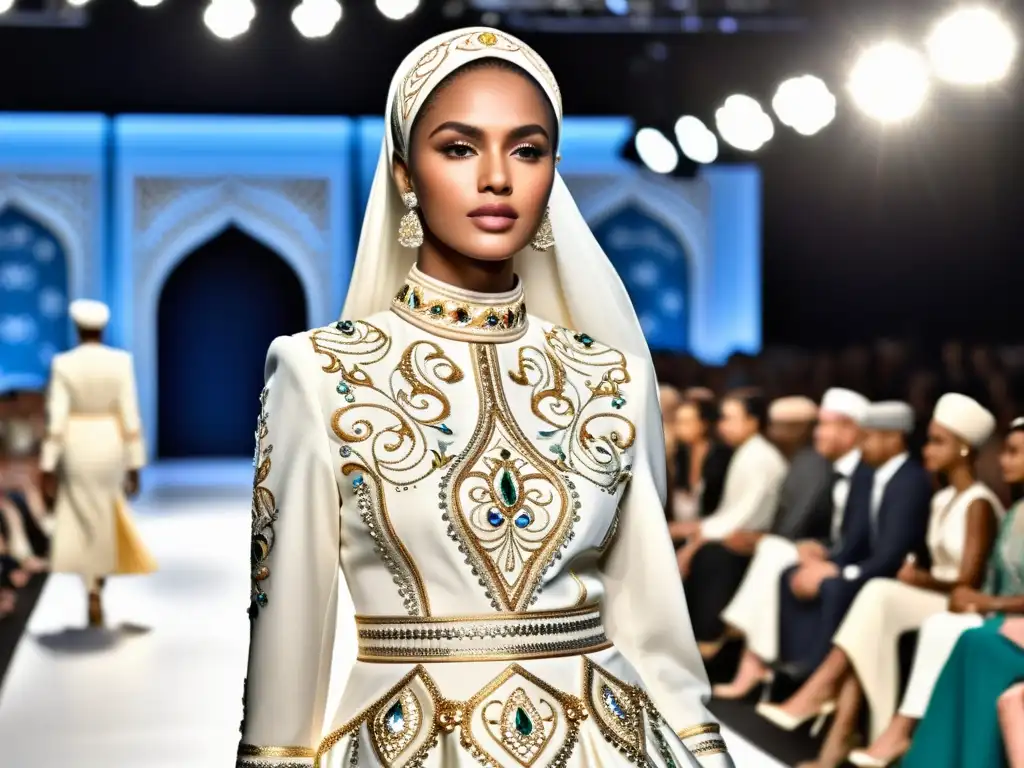 Una mujer musulmana desfila con elegante moda musulmana para pasarelas internacionales, cautivando con su estilo y gracia