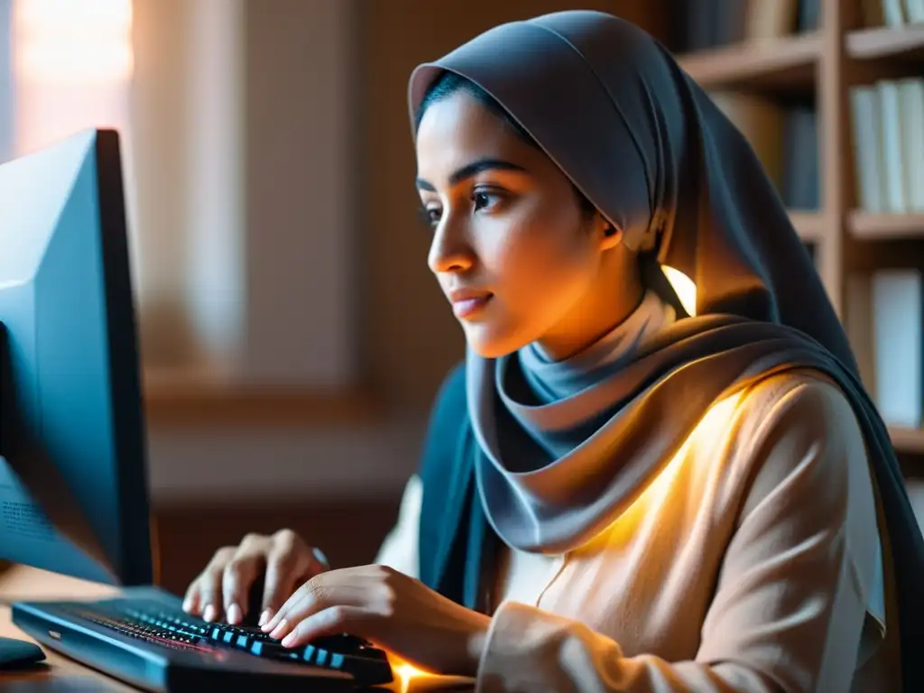 Una mujer musulmana con hijab, concentrada frente a la computadora, rodeada de libros y papeles, iluminada por la cálida luz del sol