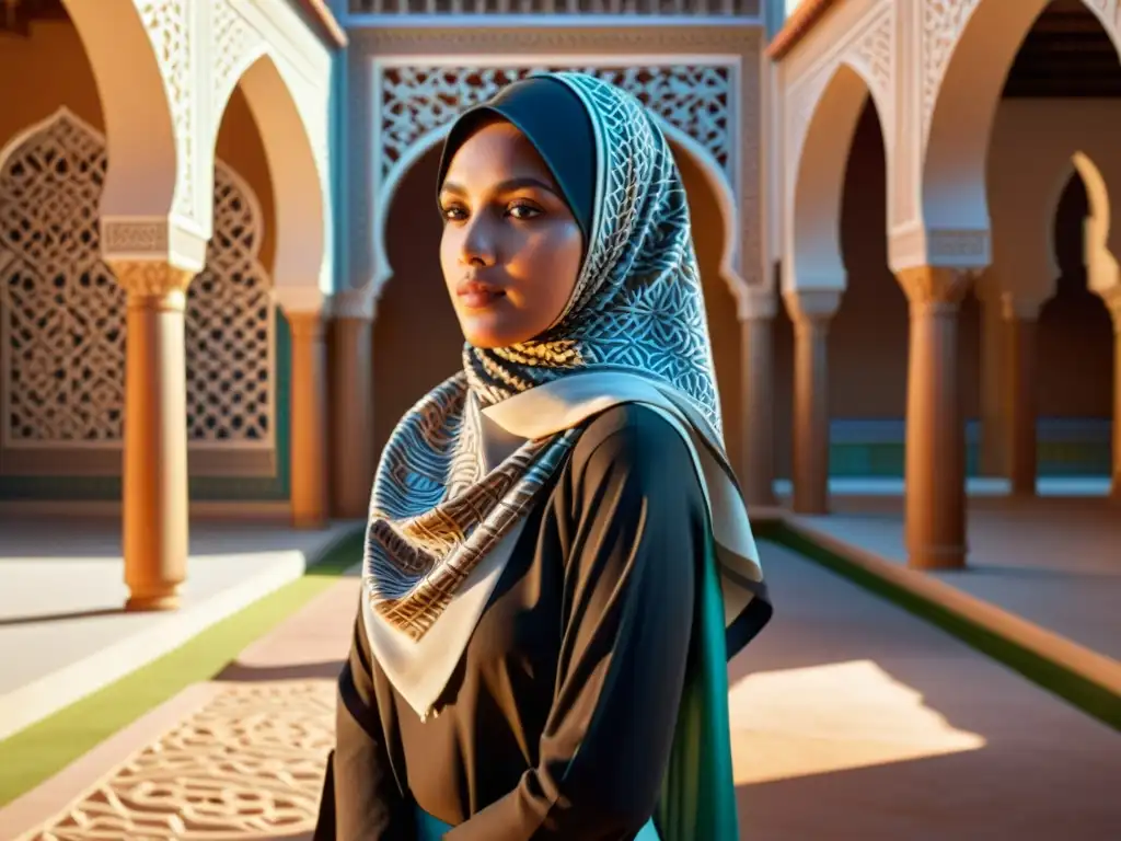 Una mujer musulmana viste un hijab tradicional en un patio soleado con patrones geométricos