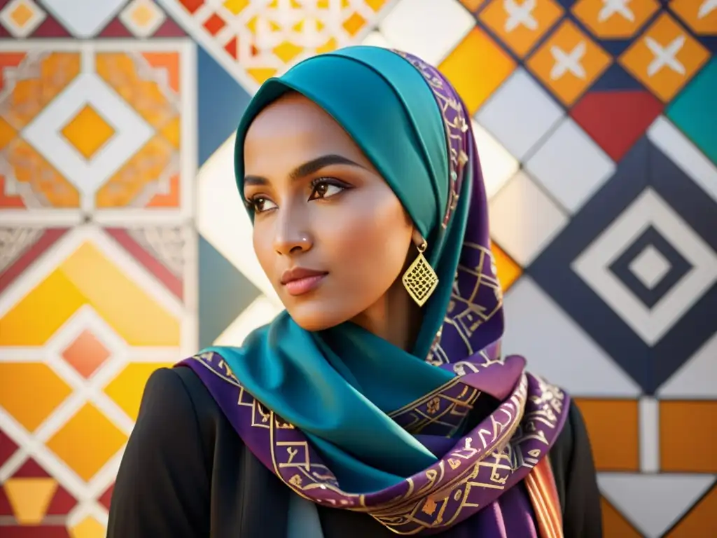 Una mujer musulmana con un hijab vibrante de pie frente a un mosaico, irradiando confianza y empoderamiento