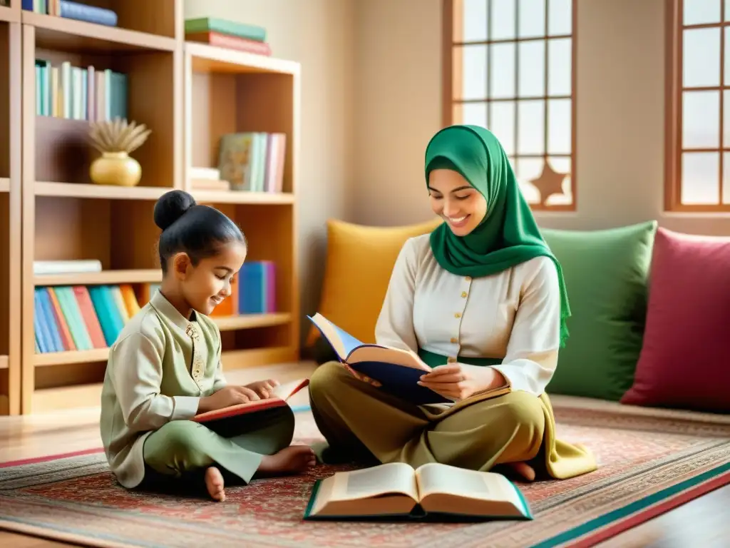 Una mujer musulmana abraza la importancia de la educación, rodeada de libros y amorosos niños en un ambiente luminoso y acogedor